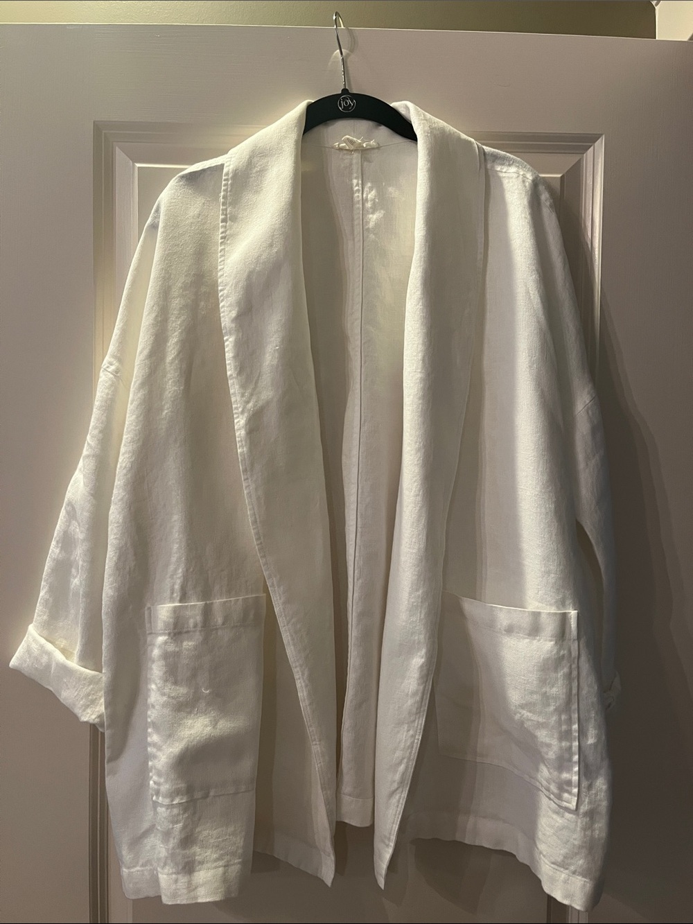 Eileen Fisher White Shawl Collar Open-Front Linen Jacket